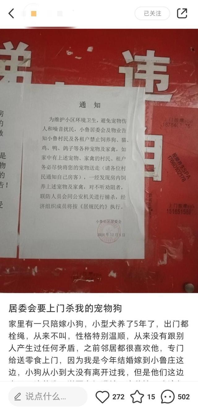 社区发布捕杀宠物通知惹争议