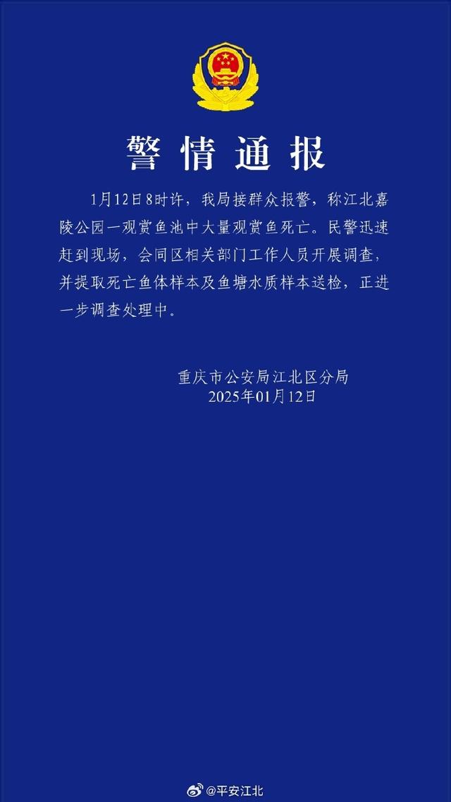 重庆警方通报“江北一公园观赏鱼池大量观赏鱼死亡”：正进一步调查处理